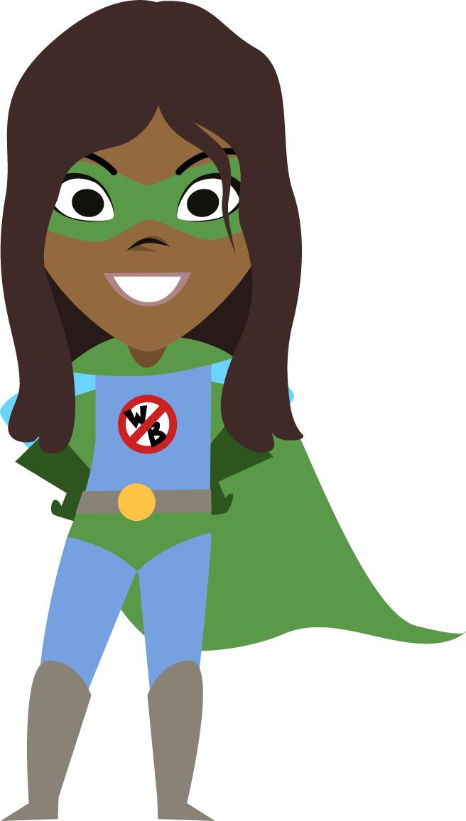 Cartoon of family justice young people's board member dressed as a 'wordbuster'