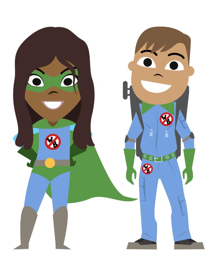 Two Word Busting characters. The character on the left is a Black girl in a blue and green superhero outfit with a cape and a boy in a blue and green 'Ghostbusters' style outfit.