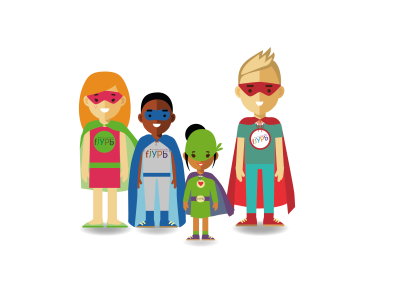 A cartoon of four young people dressed as FJYPB superheroes