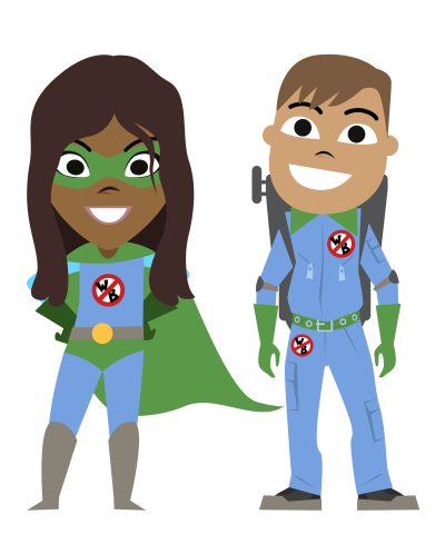 Two Word Busting characters. The character on the left is a Black girl in a blue and green superhero outfit with a cape and a boy in a blue and green 'Ghostbusters' style outfit.